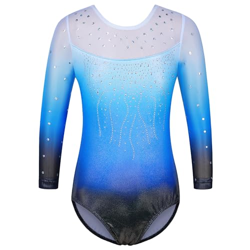 ZNYUNE Kinder Gymnastik Trikot mit Pailletten Mädchen Gymnastikanzug Langarm in Tüll B419 BlackBlue 12A