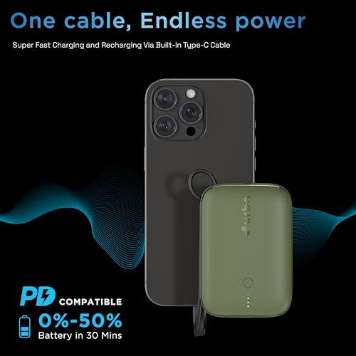 Image of URBN 10000 mAh Nano Link Power Bank with in-Built USB-C Cable| 22.5W Fast Charging | Type C PD (Input& Output) | Made in India | Two Way Fast Charge | for iPhone, Android & More (Camo)