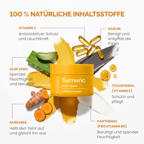 PLANTIFIQUE Koreanische Turmeric Tonerde Maske Vitamin C – Kurkuma & Fango Maske Körper – Porenverfeinernd Feuchtigkeitsspendend & Beruhigend – Clay Gegen dunkle Flecken – inkl. Spatel – 110 g