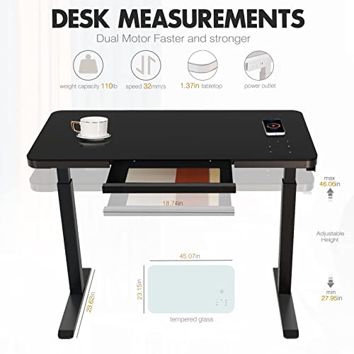 Aimezo Standing Desk With Drawer Ergonomic Tempered Glass Electric Sit-Stand Height Adjustable Computer Workstation,With Touchscreen Controller&Wireless Charging &Usb Port, And Power Strip #TOP2