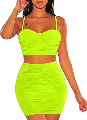 BEAGIMEG Women s Spaghetti Strap Sexy Top Bodycon Skirt Ruched 2 Piece Mini Dress Fluogreen
