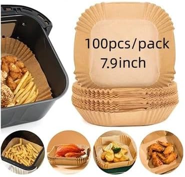100Pcs Air Fryer Disposable Paper Liner, Water & Oil Proof Non-stick Air Fryer Square Liner 7.9 inches/20cm, Halal Natural Wood Pulp, Parchment Paper for Baking, Roasting & Microwave.