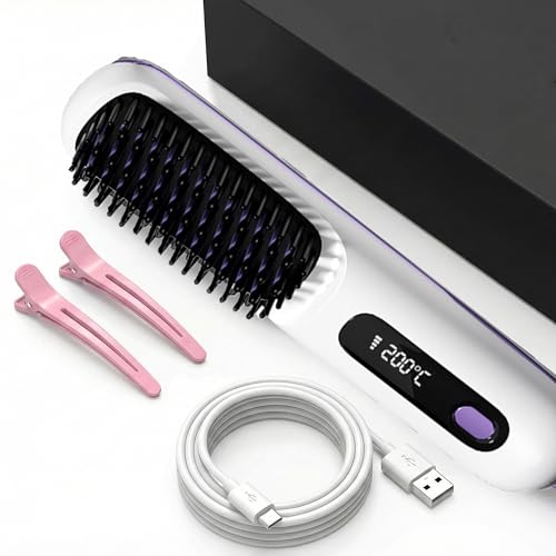 Brosse Coiffante Cheveux Court, Peigne Lissant Chauffant Sans Fil En CéRamique, 3600 Mah, 3 Modes De Chauffe Et éCran Led, Pour Un Coiffage Lisse Au Quotidien (Blanc)
