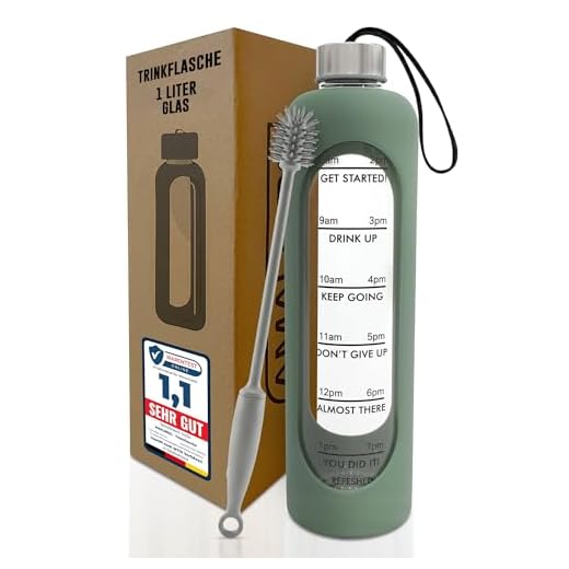 Amalindo Trinkflasche Glas 1L – kohlensäuregeeignet – mit Bürste & Silikonhülle – Olivgrün