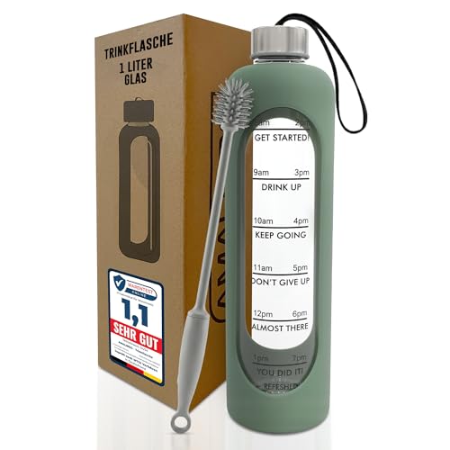Amalindo Trinkflasche Glas 1L – kohlensäuregeeignet – mit Bürste & Silikonhülle – Olivgrün