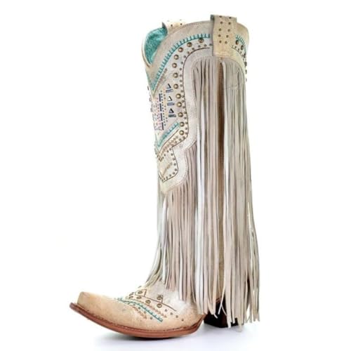 LISHAN Women's Western Cowboy Cowgirl Boots Embroidered Under the Knee High Boots Fringe Tassel Block Heels Vintage Calf High Boots Chunky High Heels Dressy Party Prom Shoes Beige Size 12 by LISHAN - Used condition - US$21.23