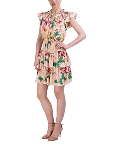 Bcbgmaxazria Women's Notched V Neck Ruffle Cap Sleeve Day Dress, Watercolor, X-Large #TOP27