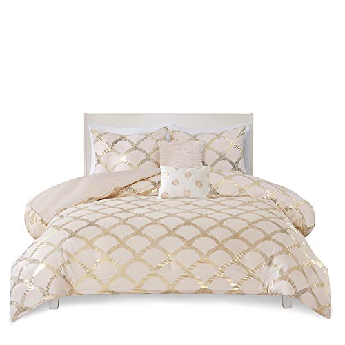 Intelligent Design Lorna Duvet Set Metallic Mermaid Scale Scallop Print, Embroidered Toss Pillows, Modern All Season Comforter Cover Bedding Set With Matching Shams, Full/Queen, Blush 5 Piece #TOP7