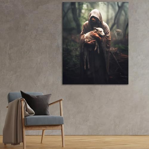 Image of GUN SUPPLIES OUTLET LLC Jesus and Lamb Canvas Wall Art Jesus Rescues A Muddy Lamb Picture Wall Art Christian Home Decor 12x16 inch