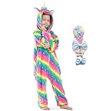 BRONG Mädchen Einhorn Einteiler Pyjama Weicher Schlafanzug für Kinder Unisex mit Schleife Haarnadel