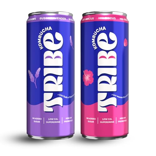 Image of Tribe Kombucha Probiotic Super Drink | Supports Gut Health | Gluten-Free | Naturally Fermented | Super Refreshing | Gut Friendly | Improves Blood Sugar | Antioxidant and Hydration | No Added Sugar |250 ML X 2 (BUSSIN LAVENDER + HIII BISCUS)