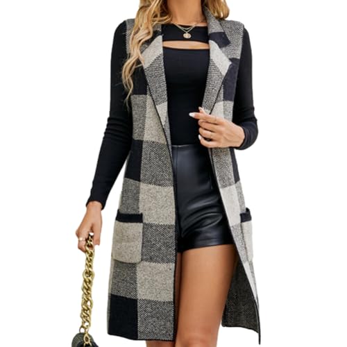 Womens Buffalo Plaid Vest Lapel Open Front Sleeveless Jacket Cardigan Jacket Coat with Pockets Long Suit Collar