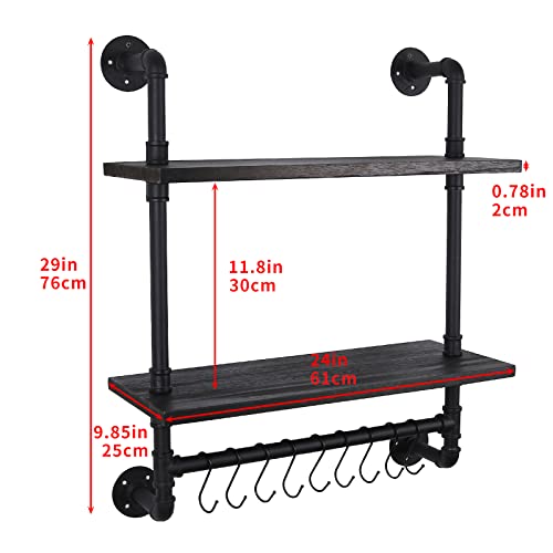 Qtsartisan Industrial Pipe Shelving,Iron Pipe Shelves Industrial Bathroom Shelves With Towel Bar,24 In Rustic Metal Pipe Floating Shelves With Hook (Black, 24 Inch 2 Tier) #TOP2