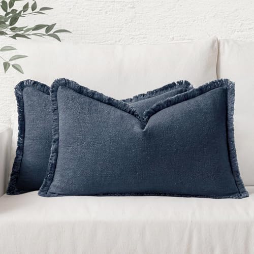 MIULEE Boho Linen Decorative Lumbar Throw Pillow Covers Indigo Blue 12x20