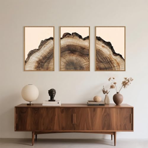 Image of KAIRNE Vintage Tree Rings Framed Canvas Wall Art Set, Retro Wood Stump Wall Decor, Neutral Tree Spiral Art Prints, Modern Annual Ring Artwork for Living Room, Bedroom, Farmhouse, Office-24 x36 x3