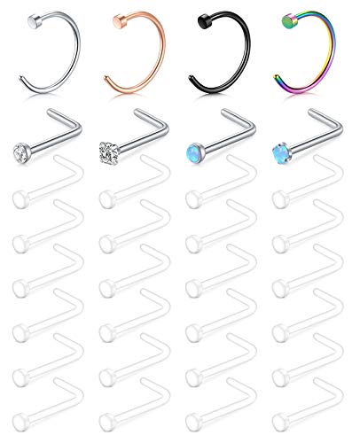 D.Bella 18G Clear Nose Retainer Flexible Acrylic Clear Flat Top L Shaped Nose Piercing Retainer & Stainless Steel CZ Opal L Nose Studs C Shape Nose Rings Hoop Piercing Jewerly