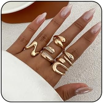 Gold Chunky Rings Set for Women Trendy Cubic Zirconia Teardrop Ring Dainty Stackable Twisted Irregular Ring Set Adjustable Bold Statement Open Rings Minimalist Jewelry
