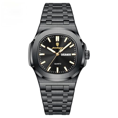 Poedagar Men's Quartz Watches Fashion Square Men Business Classic Clock Waterproof Luminous Date Week Stainless Steel Man Wristwatch (Black Black)