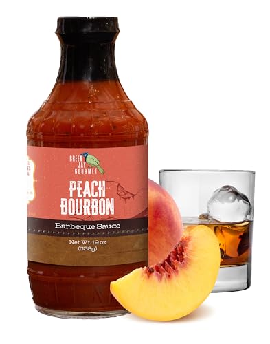 Green Jay Gourmet BBQ Sauce - Peach Bourbon - All-Natural Barbecue Sauce with Peaches, Gourmet Spices, Tomato Paste & More - Gourmet Barbecue Spread for Meats, Veggies & Other Foods - 19 Ounces