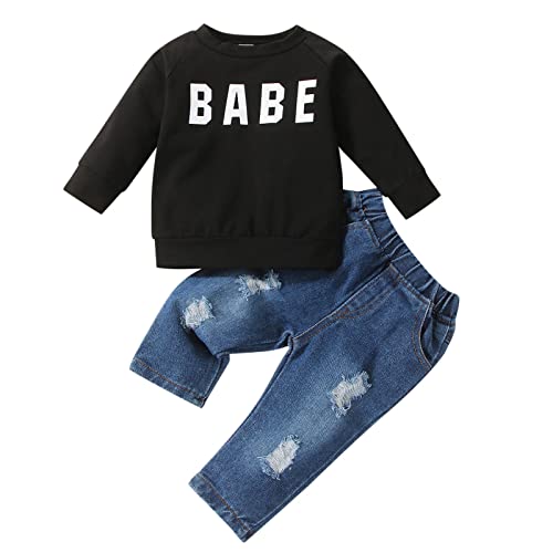 Moletom infantil com letras de manga comprida para bebês recém-nascidos e meninos, calças jeans, rou