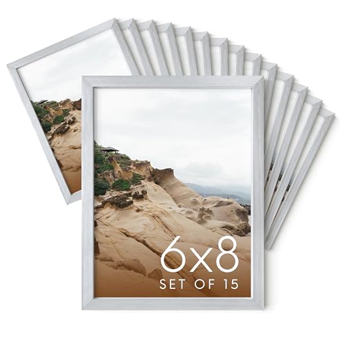 HAUS AND HUES 6x8 Silver Metal Picture Frames - Bulk Frames 6x8 - Features Premium Aluminum, Vertical Hanging, Easel Back for Tabletop, Home, Office (6x8 in, Silver, Set of 15)