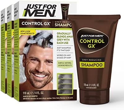 Just For Men Control GX Grey Reducing Shampoo, Gradual Hair Color for Stronger and Healthier Hair, 4 Fl Oz - Pack of 3 (Packaging May Vary)