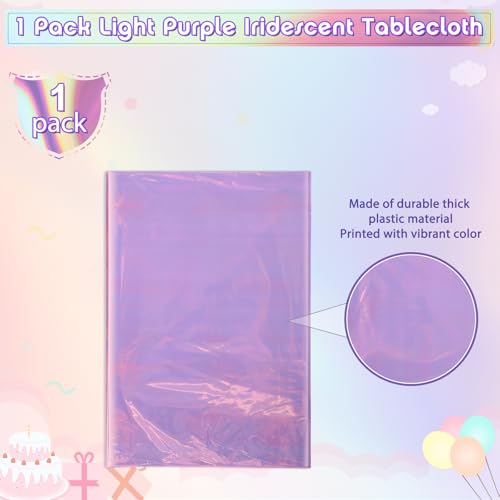 Image of FunnyPars 1 Pack Light Purple Plastic Tablecloths for Rectangle Tables, Shiny Disposable Laser Rectangle Table Covers Foil Tablecloth Iridescent Party Decoration Birthday Bridal Wedding, 39x108 Inch