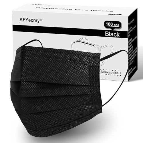 AFYecmy Disposable Face Masks, 3-Ply Breathable Dust Protection for Daily Use, Comfortable Elastic Earloops, Black, 100-Pack