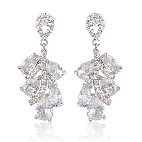 Wedding Bridal Dangle Earrings for Women Silver Teardrop Crystal Leaf