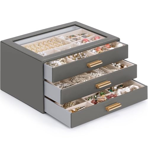 AKOZLIN Jewelry Box Organizer with Clear Lid 3 Drawers Dark Grey