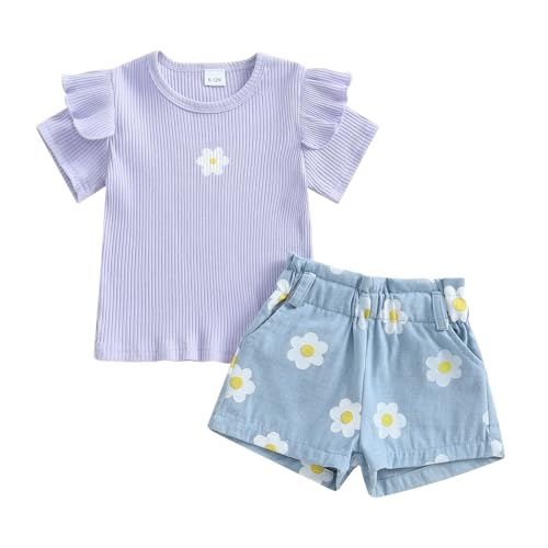 Image of XIXIMAON Toddler Baby Girl Summer Outfits Ruffle Short Sleeve Floral Print Ribbed Shirts Denim Shorts Set for Little Girls Kid Flower Pattern Clothes (Purple, 12-18 Months)