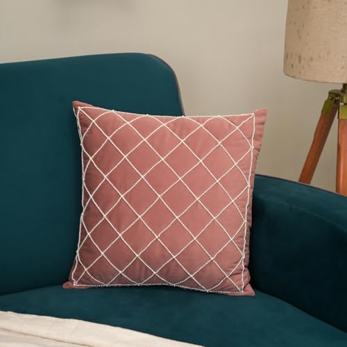 Image of Hand Embroidered Beaded Pearls Velvet Cushion Cover | 16 X 16 Inch Decorative Pillow Cover for Sofa and Living Room | Throw Pillow Cover for Bedroom (Set of 1, 16 * 16)