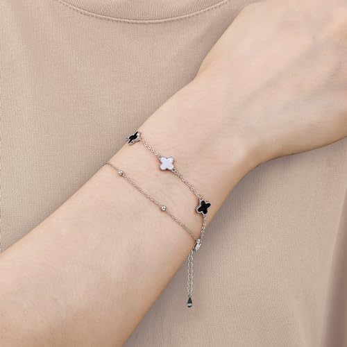 Sterling Silver 4-leaf clover Charm Bracelet with Adjustable Agate Links, Gift for Women, Girls, Rose Gold Peacock Green3