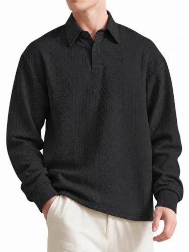 Image of Volemo Mens Geometric Polo Sweatshirt Long Sleeve Drop Shoulder Black L