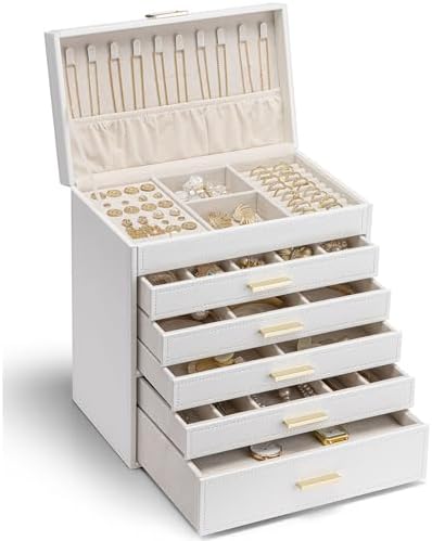 VLANDO Schmuckkästchen Groß, Schmuckaufbewahrung mit 6 Ebenen, Zimmer Deko | Geschenk für frauen,Schmuckschatulle für Ohrringe, Ringe Schmuck Aufbewahrung, mit Schubladen, Spiegel,