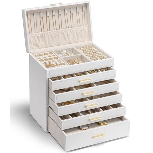 VLANDO Modern Schmuckkästchen Groß,Schmuckaufbewahrung mit 6 Ebenen,Schmuckschatulle Damen, für Ohrringe, Ringe Schmuck Aufbewahrung, mit Schubladen, Spiegel, Uhrenkissen, Geschenk für frauen