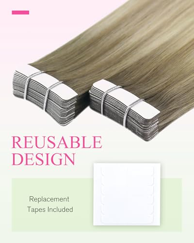 Image of YoungSee Human Hair Tape in Extensions Blonde, Balayage Tape in Hair Extensions, Ash Blonde Ombre Platinum Blonde, Invisible Tape-in Hair Extension, for All-day Wear, 18 Inch 50g 20pcs