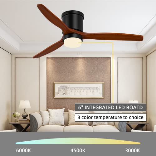 Clugoj Low Profile Ceiling Fan Flush Mount Ceiling Fan With Lights Remote Control 52'' Outdoor Ceiling Fan 3 Reversible Walnut Wood Blades Noiseless Dc Motor #TOP3