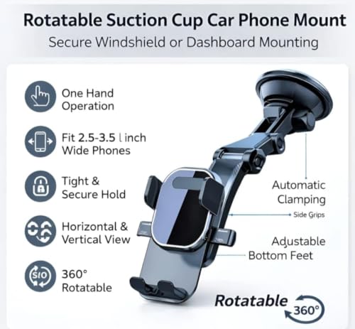 Image of Fugetek Smart Gel Suction Cup Car Mobile Holder for Dashboard | Premium shockproof car mount with reusable smart gel suction base, 360 waterfall neck & quick one-hand release.