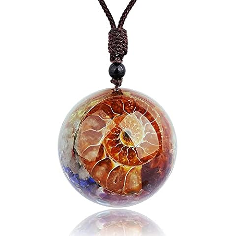 7 Chakra Crystal Necklace Natural Quartz Resin Ammonite Fossil Energy Stone Spiral Pendant with Adjustable Rope Shield Spiritual Healing Jewelry Gift for Women Men Cover