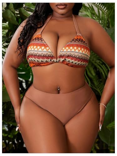 Verdusa Women's Plus Size 3 Piece Graphic Halter Bikini Sets Tie Back Swimsuits with Cover Up Skirt4