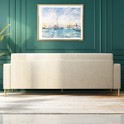 85'' Velvet Sofa, Chesterfield Velvet Upholstered Mid-Century Modern Love Seat, With 2 Lumbar Pillows And Gold-Plated Legs, 3 Seat Living Room Apartment Large Comfort Sofa Sleeper Sofa (Bgige) #TOP5