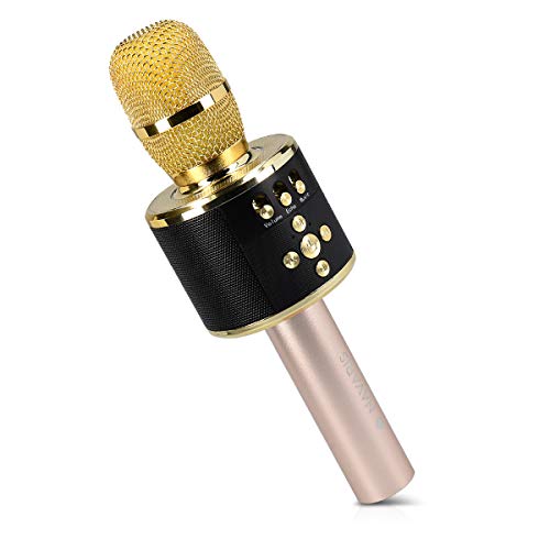 Navaris Micrófono de karaoke inalámbrico - Micrófono con altavoz integrado y bluetooth - Micrófono portátil para cantar - En dorado