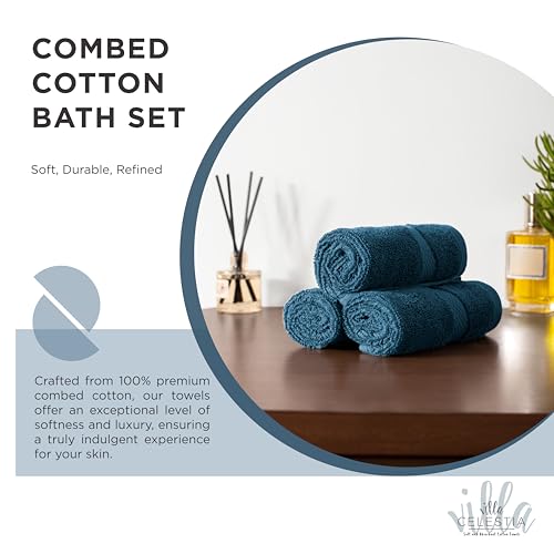 Villa Celestia 100% Cotton Bath Towel Set of 18-4 Bath Towels, 6 Hand Towels, 8 Wash Cloths, Sustainable, Soft, Highly Absorbent, Combed Cotton 18 Piece Set for Hotels, Spa, Bathroom, Dorm, Blue