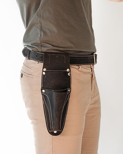 Hori Hori Leather Sheath Belt with Pruner and Scissor Pockets. Personalized Florist Tool Belt Leather, Gardening Belt with Pockets. (Black/Grey, One Size - Adjustable)