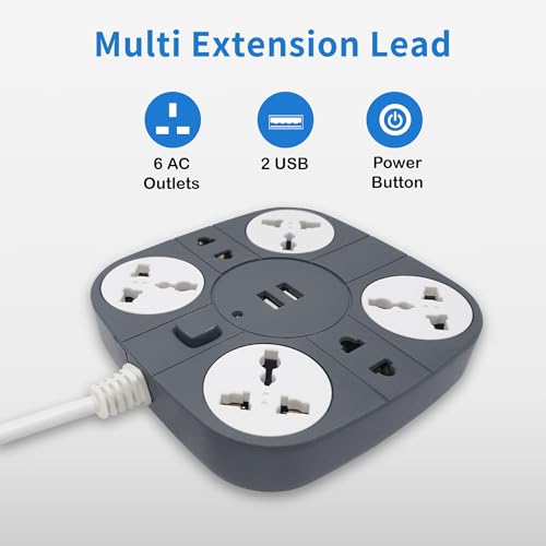 Image of ADDMAX Extension Board with USB | 6 Power Sockets, 2 USB Ports + 1 Type-C Port | 1.8M Heavy Duty Cord | 10A 220V Multi Plug Extension Cord | Fireproof Power Strip for Home, Office & Laptop - Grey