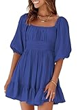Dokotoo Womens Square Neck Dress Tie Back Elastic Waist Sexy Dresses Lantern Sleeve Ruffle A-Line Blue Dresses Flowy Casual Mini Dress for Women Party Large