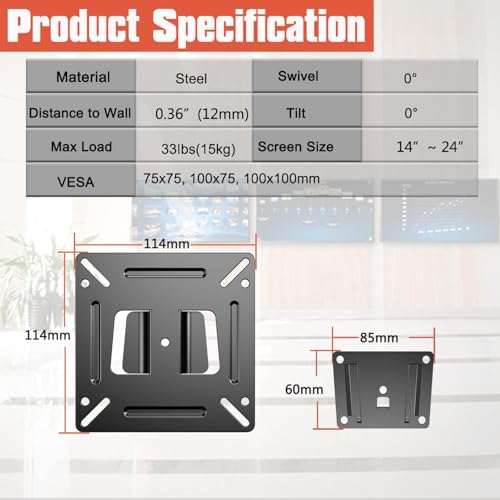 Image of Monitor Wall Mount Most 14-24 inch TVs Computer Universal Low Profile RV TV Wall Mount VESA Up to 100x100mm Max Weight 15KG Fits 15 19 20 22 23 Inch Camper Small Monitor Mount Bracket