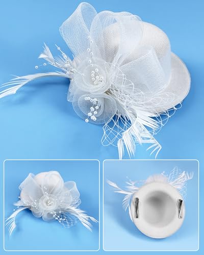 Mini Tea Party Hat Girl Fascinator with Pearl Necklace Earring Gloves Set for Girls Birthday Wedding 1920s Costume4