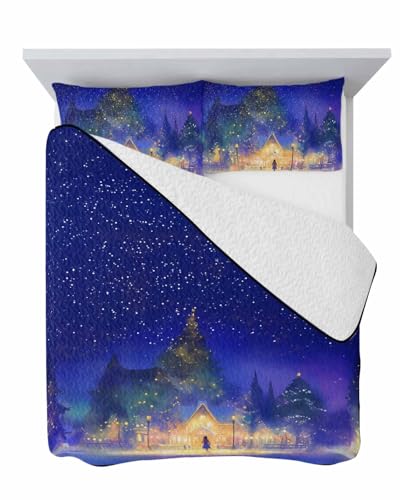 Quilts Full Size, Merry Christmas Soft Comforter Bedding Set for Bed, Vintage Girl Xmas Tree Snowfall Lightweight Quilte Bedspread with Pillow Cover(2 Pieces) for All Season, 78x90 Inch